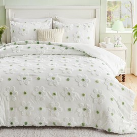 VIVILINEN Full Size Comforter Sets for Girls Floral Bedding Cute Comforter with Tufted Daisies Flowers, Lightweight Full Bed Set 3 Pieces for Kids Teen Girls Women, Green