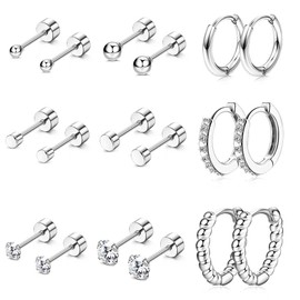 LOYALLOOK Flat Back Earrings for Women Men Silver Cartilage Earring Sets for Multiple Piercing 20G Stainless Steel Earrings Hypoallergenic Small Hoop Ball CZ Flatback Stud Earrings 8MM