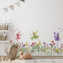 PLIGREAT 3 Sheets Colourful Flower Fairy Wall Sticker Peel and Stick Wall Decal Cute Watercolour Floral Wall Art Murals for Children's Room Bedroom Cabinet TV Background Wall Decoration