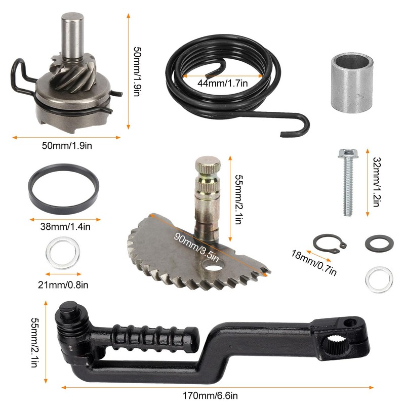Scooter Starter Shaft Set, Pinion/Driver/Spring and Kickstarter Roller, Zinc Process,