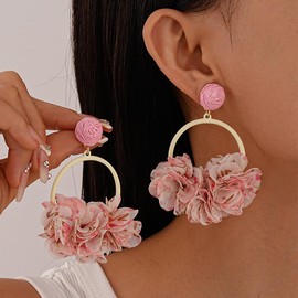MOEEIJEW Large Flower Earrings for Women Fabric Flower Hoop Earrings Big Floral Statement Earrings Boho Jewelry (Pink)