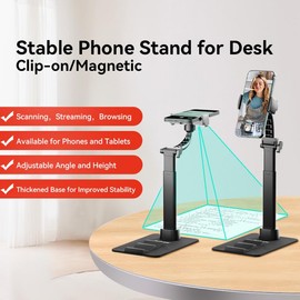 CamScanner Adjustable Phone Stand, Desk Mount with 360° Rotation, Magnetic Clip-on Holder for Phones and Tablets, Height Adjustable with Non-Slip Base