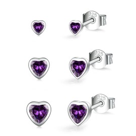 3 Pairs Sterling Silver Stud Earrings for Women Girls, Small Simulated Diamond Earrings Amethyst Cubic Zirconia Heart Stud Earring Hypoallergenic Sleeper Earrings Set for Multiple Pirercings, 2/3/4 mm