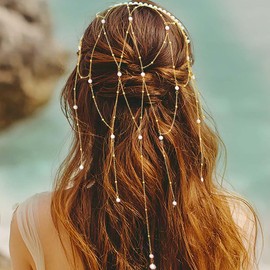Formery Pearl Tassel Headband Gold Beaded Mesh Headpiece Hair Extension Chain Accessories for Women