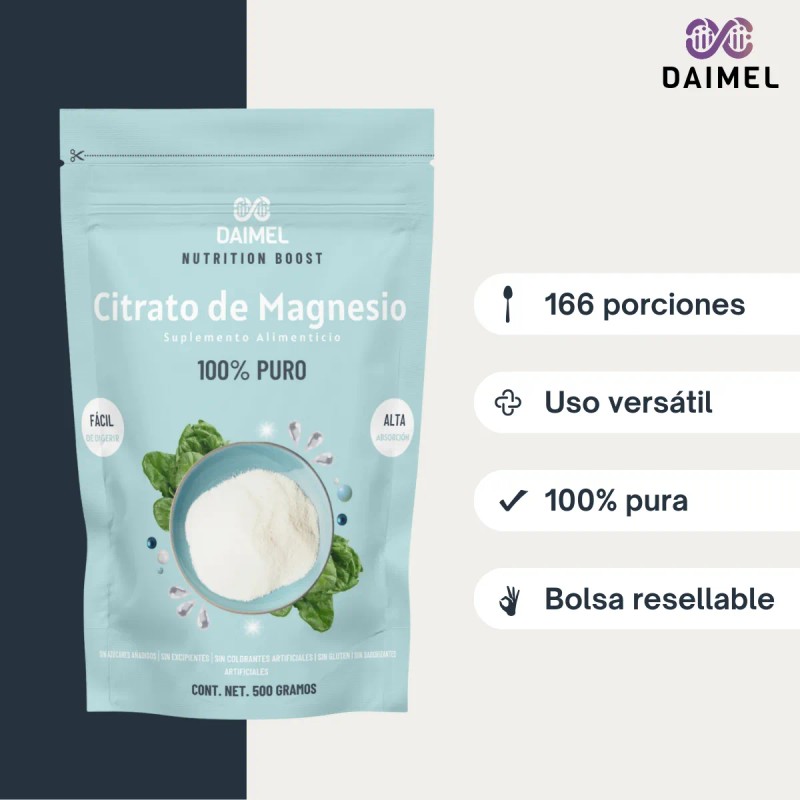 Citrato Magnesio Polvo Daimel 500g Grado Alimenticio Sabor Natural