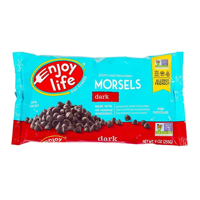 Enjoy Life Dark Chocolate Regular Size Morsels, Net Wt 9 OZ Per Package, Multi-Pack of 4 Packages. Dairy-Free, Nut-Free, and Soy-Free Chocolate Chips. 69% Cacao. Certified Gluten Free. Made In A Dedicated Nut And Gluten-Free Facility.
