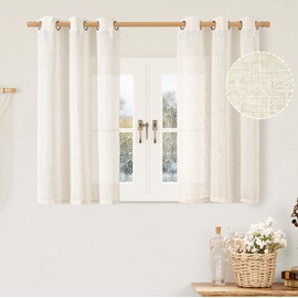 LAMIT Short Window Linen Curtains 40 Inch Length for Kitchen, Semi Sheer Light Filtering Neutral Window Curtains Farmhouse Boho Bronze Grommet Panels for RV Camper, Cream Ivory, 2 Panels, 34 x 40 Inch