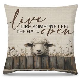 PUHEI Sheep Decor Pillow Covers 18x18,Rustic Farmhouse Live Like Someone Left The Gate Open Floral Throw Pillow Covers，Sheep Decorations for Home,Farm Animals Living Room Bedroom Home Decor