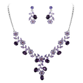 EVER FAITH Mujer Sets de Joyería Cristal Austriaco Bola de Boda Flor Hoja Collar Pendientes Set para Mujer Violado Tono Plateado