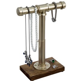 MyGift Modern Brass-Tone Metal Jewelry Display Stand with Industrial Pipe Adjustable Height T-Bar Necklace Bracelet Hanging Organizer Rack with Rustic Burnt Wood Base