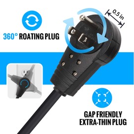 Maximm Cable 6 Feet 360° Rotating Flat Plug Extension Cord / Wire, 3 Prong Grounded Wire 16 Awg Power Cord - Black