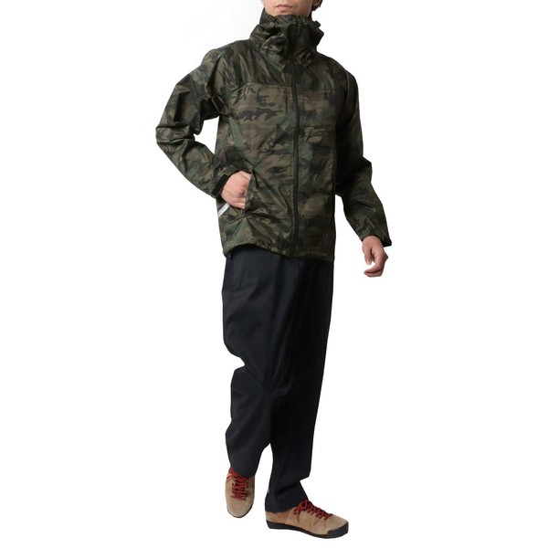 Doqment Men's Rain Wear, Top and Bottom Set, Sizes S-4L, Water Pressure Resistance: 32.8 ft. (10,000 mm), Waterproof, Breathable, Stretch, Pattern 6 (khaki camouflage), 4L