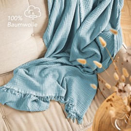 Pure Label Muslin Blanket, 130 x 170 cm, Oeko-Tex Certified Cuddly Blanket Made of 100% Cotton, Muslin Living & Cuddly Blanket for Couch and Sofa, 130 x 170 cm, Blanket Colour Light Blue