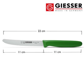 Giesser seit 1776 - Made in Germany - Tomatenmesser 11 cm Veggie, Universalmesser, grün, nachhaltiger Griff, rutschfest, kleines Küchenmesser rostfrei, scharfes Messer für gesunde Küche