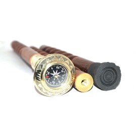 YAMAN ANTIQUE Brass Compass Walking Stick - Men Derby Canes and Wooden Rope Type Walking Stick for Men and Women - 37" Brass Round Shape Handle in Golden Tone Natural Wood Unisex Cane