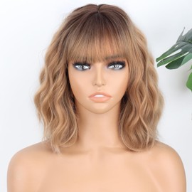 MISSQUEEN Short Blonde Wig with Bangs Synthetic Curly Wavy Ombre Blonde Wigs for Women Bob Wavy Wig Daily Use