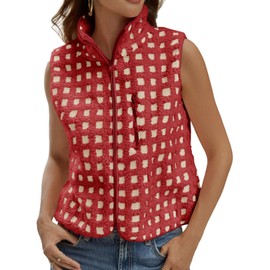 Tankaneo Womens Checkered Sherpa Vest Fleece Fuzzy Zip Up Sleeveless Jacket Casual 2025 Winter Warm Outwear