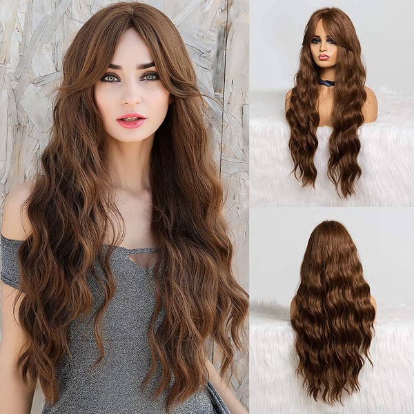 EMMOR Grey Wig with Fringe Dark Roots Long Curly Wig for Women Synthetic Wig Natural Looking Heat Resistant Fiber