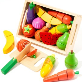 SYNCFUN Wooden Food Toys,Wooden Play Food sets for children Kitchen Cutting Fruits and Veg Toys Accessories,Toy Food Set for Kids Kitchen,Play Kitchen Accessories for Boy or Girl 3+ Year Old Gift