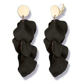 FIBO STEEL Flower Dangle Clip on Earrings for Women Acrylic Long Tassel Rose Petal Clip Earrings Non Piercing Boho Resin Black Statement Floral Drop Earrings