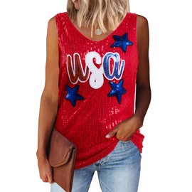 MNLYBABY USA Sequin Tank Top Woman 4th of July Shirts American Flag Sleeveless USA Stars Full Sequin Patriotic V Neck Vest