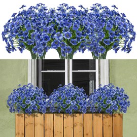 maoodoo 15 Bundles Artificial Flowers Outdoor UV Resistant Fake Silk Plants Plastic Faux Shrubs Outside Front Porch Window Box Garden Home Hanging Planter Decoration (Blue)