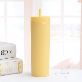 Tumbler with Lid and Straw, Water Bottles with Straw Reusable Plastic Tumbler Iced Coffee Cups Insulated Tumbler 16oz(Yellow)