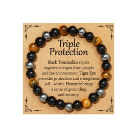 Gnamy Triple Protection Bracelet Gifts for Women, Healing Crystal Beaded Bracelets Hematite Black Tourmaline Tigers Eye Natural Worry Stones Anxiety Birthday Mothers Day Jewelry Presents for Mom Mother Her Adults Grandma