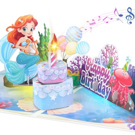 D24TIME Musical Birthday Card for Daughter - Mermaid Pop Up Bday Card with Music & Lights & Blowable Candle, 3D Happy Birthday Card for Kids Girl Grandaughter