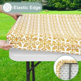 misaya Rectangle Vinyl Table Cloth, Elastic Fitted Flannel Backed Tablecloth, 100% Waterproof Plastic Table Cover Fits 6 Foot Folding Tables for Picnic, Camping, Outdoor (Gold, 30" x 72")