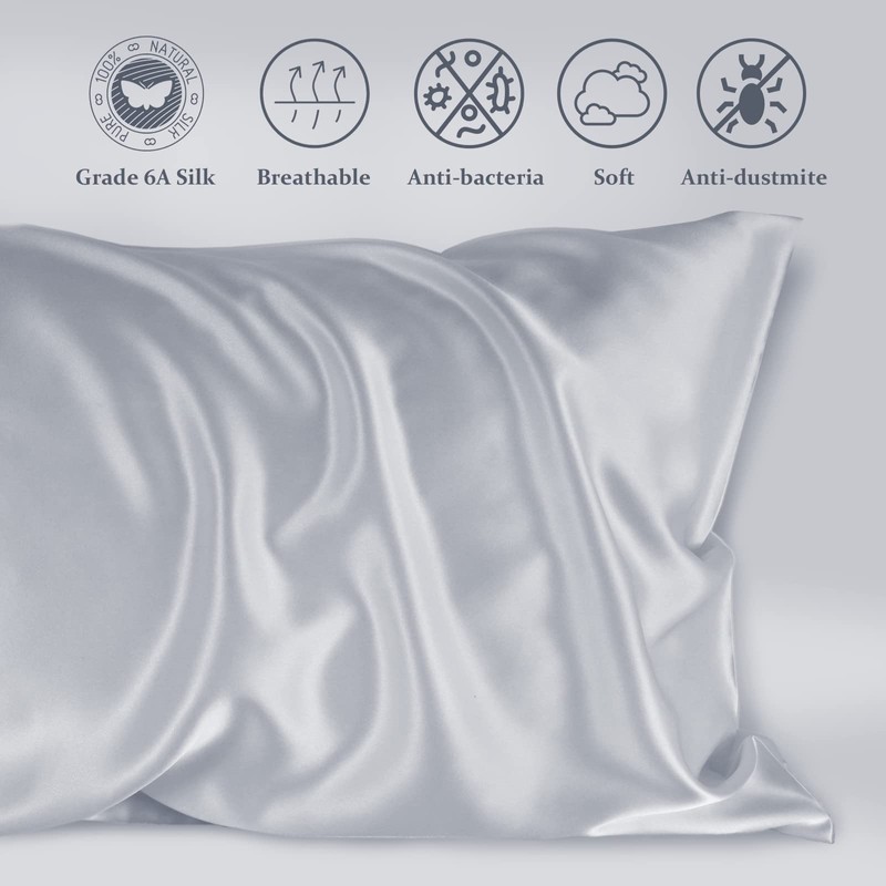 LULUSILK Silk Pillow Cases 2 Pack with Hidden Zipper, Silvergrey