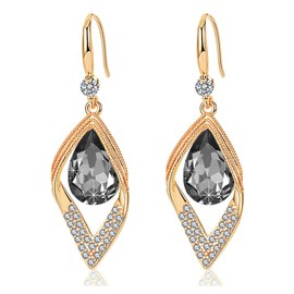 Austrian Crystal Teardrop Hollow Diamond Drop Dangle Earrings for Women 14K Rose Gold Plated Hypoallergenic Jewelry (Grey-Black)