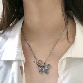 Cimenexe Bohemian Butterfly Choker Necklace Metal Butterfly Pendant Necklace Silver Paperclip Link Chain Necklace Butterfly T Bar Collar Necklace Jewelry for Women and Girls Gifts