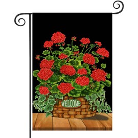 Fukeen Welcome Red Flower Garden Flag Double Sided 12.5x18 Inch Black Background with Geranium Poppy Floral Green Leaves Plants Farmhouse Decorations Vertical Yard Outdoor Flags
