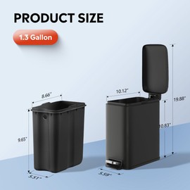 WLIVE 1.3 Gallon / 5 Liter Bathroom Trash Can with Lid, Small Stainless Steel Garbage Can, Slim-Shaped Trash Bin with Step Pedal for Home and Office, Black.