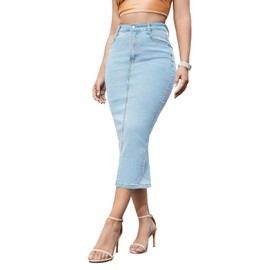 Foresi Women's Long Jean Skirts Stretch Denim Midi Skirts with Back Slit Bodycon Mid Waisted A Line Dress with Pockets