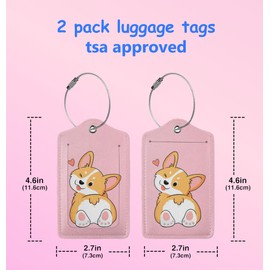2P Light Pink Cute Corgi Cartoon Animal Dog Pet Luggage Tags Privacy Cover ID Label with Stainless Steel Loop and Address Card for Travel Bag Suitcase Funny Cute Man Women Kids