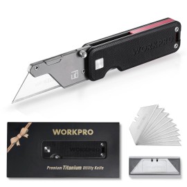 WORKPRO Premium Titanium Utility Knife, CNC Unibody Black/Gray w/10 Extra Blades - Black-G-10 Handle