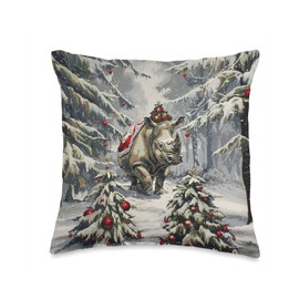 Funny Rhinoceros Christmas Tree Snow Merry Xmas Mom Dad Kids Throw Pillow