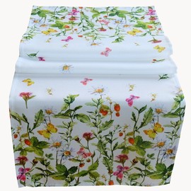 Raebel Table Runner 40 x 140 cm Table Cloth Table Topper Easter Table Decoration Spring White Colourful Flowers and Butterflies