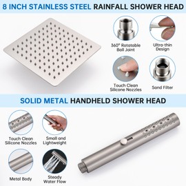 G-Promise All Metal Shower Head with Massage Mode Handheld Spray Combo, Extended Shower Diverter with Low Handheld Holder, 8 Inch Rain Shower Head, 60 Inch Long Shower Hose (Brushed Nickel）