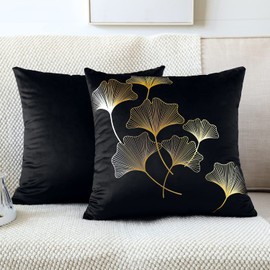 JOTOM Pack of 2 Cushion Covers 45x45cm Cozy Velvet Decor Throw Pillow Covers Gold Ginkgo Leaves Bronzing Decorative Pillow Cases Cushion Cover for Couch Bedroom Living Room Sofa Car Home Decor (Black)