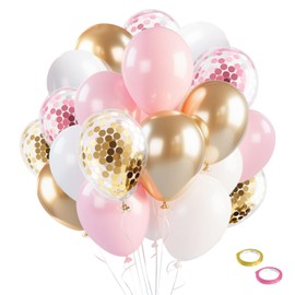 Pink Gold Confetti Balloons 12 inch White Pink Gold Birthday Balloons for Women & Girl Party Supplies for Baby Shower Wedding Bridal Shower Graduation Bachelorette Princess Party