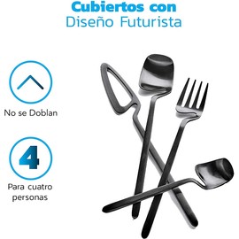 Bluelander Juego de Cubiertos, Acero Inoxidable, Diseño Futurista, Set 16 Piezas, Acabado Mate, Servicio para 4 Persona, Perfectos Todo Tipo de Evento (16 Piezas, Negro)