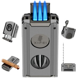 XIFEI 5-in-1 Cigar Lighter with Triple Jet Flame, Refillable Butane Torch Lighters with Cigar Cutter V Cut, Cigar Punch, Cigar Holder, Cigar Draw Enhancer, Cigar Accessories for Men (Gray)