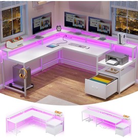 Unbranded White L Shaped Gaming Desk, 66" Home Office Desk with Power Outlet and Led Light