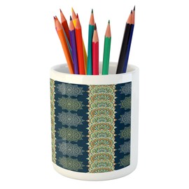 Ambesonne Eastern Pencil Pen Holder, Bohemian Motifs Vertical Borders Moroccan Ottoman Cultures Inspired, Printed Ceramic Pencil Pen Holder for Desk Office Accessory, Multicolor