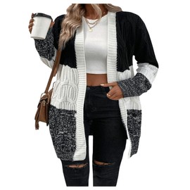 SOLY HUX Women's Plus Size Color Block Cardigan Sweater Open Front Long Sleeve Casual Cardigans Black and White Colorblock 3XL