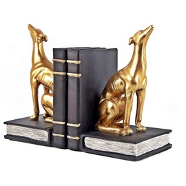 Bellaa 24209 Decorative Books Bookends Greyhound Dog Animal Book Ends Heavy Duty Stoppers Bookshelf Shelves Holder Library Shelf Dividers Home Decor Golden 7 inch