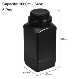 uxcell Plastic Lab Chemical Reagent Bottle, 1000ml/ 34oz Wide Mouth Sample Sealing Liquid/Solid Storage Bottles, Black 5pcs
